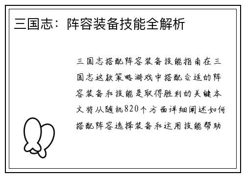 三国志：阵容装备技能全解析